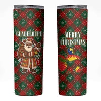 Guadeloupe Christmas Skinny Tumbler with Green-Red Plaid Design, Island Map, and Traditional Santa Motif - Wonder Print Shop