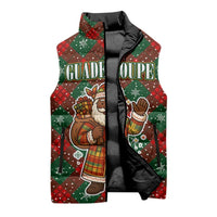 Guadeloupe Christmas Sleeveless Puffer Jacket with Green-Red Plaid Design, Island Map, and Traditional Santa Motif - Wonder Print Shop