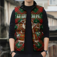 Guadeloupe Christmas Sleeveless Puffer Jacket with Green-Red Plaid Design, Island Map, and Traditional Santa Motif - Wonder Print Shop