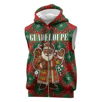 Guadeloupe Christmas Sleeveless Zip Hoodie with Green-Red Plaid Design, Island Map, and Traditional Santa Motif - Wonder Print Shop