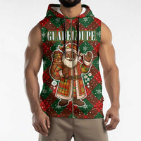 Guadeloupe Christmas Sleeveless Zip Hoodie with Green-Red Plaid Design, Island Map, and Traditional Santa Motif - Wonder Print Shop