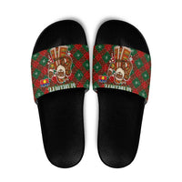 Guadeloupe Christmas Slide Sandals with Green-Red Plaid Design, Island Map, and Traditional Santa Motif - Wonder Print Shop