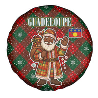 Guadeloupe Christmas Spare Tire Cover with Green-Red Plaid Design, Island Map, and Traditional Santa Motif - Wonder Print Shop