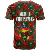 Guadeloupe Christmas T Shirt with Green-Red Plaid Design, Island Map, and Traditional Santa Motif - Wonder Print Shop