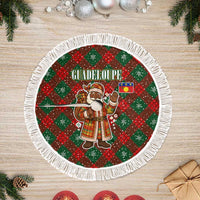 Guadeloupe Christmas Tree Skirt with Green-Red Plaid Design, Island Map, and Traditional Santa Motif - Wonder Print Shop