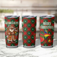 Guadeloupe Christmas Tumbler Cup with Green-Red Plaid Design, Island Map, and Traditional Santa Motif - Wonder Print Shop