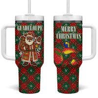Guadeloupe Christmas Tumbler With Handle with Green-Red Plaid Design, Island Map, and Traditional Santa Motif - Wonder Print Shop