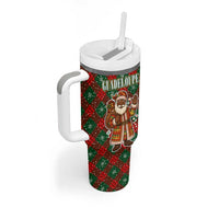 Guadeloupe Christmas Tumbler With Handle with Green-Red Plaid Design, Island Map, and Traditional Santa Motif - Wonder Print Shop