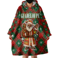 Guadeloupe Christmas Wearable Blanket Hoodie with Green-Red Plaid Design, Island Map, and Traditional Santa Motif - Wonder Print Shop