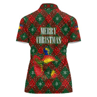 Guadeloupe Christmas Women Polo Shirt with Green-Red Plaid Design, Island Map, and Traditional Santa Motif - Wonder Print Shop