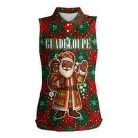 Guadeloupe Christmas Women Sleeveless Polo Shirt with Green-Red Plaid Design, Island Map, and Traditional Santa Motif - Wonder Print Shop