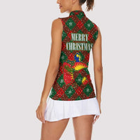 Guadeloupe Christmas Women Sleeveless Polo Shirt with Green-Red Plaid Design, Island Map, and Traditional Santa Motif - Wonder Print Shop