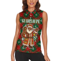 Guadeloupe Christmas Women Sleeveless Polo Shirt with Green-Red Plaid Design, Island Map, and Traditional Santa Motif - Wonder Print Shop