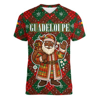 Guadeloupe Christmas Women V-Neck T-Shirt with Green-Red Plaid Design, Island Map, and Traditional Santa Motif - Wonder Print Shop