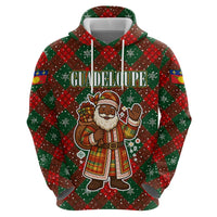 Guadeloupe Christmas Zip Hoodie with Green-Red Plaid Design, Island Map, and Traditional Santa Motif - Wonder Print Shop