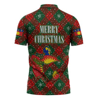 Guadeloupe Christmas Zipper Polo Shirt with Green-Red Plaid Design, Island Map, and Traditional Santa Motif - Wonder Print Shop