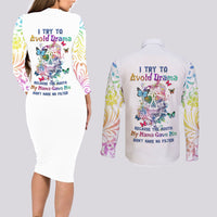 I Try To Avoid Drama Sugar Skull Colorful Couples Matching Long Sleeve Bodycon Dress and Long Sleeve Button Shirt - Wonder Print Shop