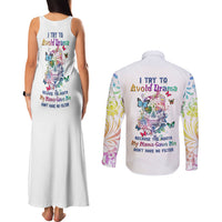 I Try To Avoid Drama Sugar Skull Colorful Couples Matching Tank Maxi Dress and Long Sleeve Button Shirt - Wonder Print Shop