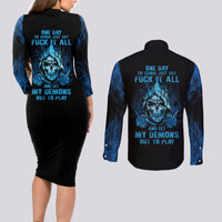 My Demons Out To Play Skull Couples Matching Long Sleeve Bodycon Dress and Long Sleeve Button Shirt - Wonder Print Shop