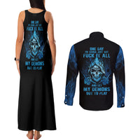 My Demons Out To Play Skull Couples Matching Tank Maxi Dress and Long Sleeve Button Shirt - Wonder Print Shop