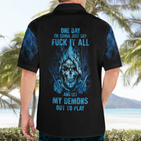 Black short-sleeve button-up shirt with large blue skull graphic on back