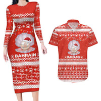 Bahrain Christmas Couples Matching Long Sleeve Bodycon Dress and Hawaiian Shirt with Pearl Shell Design Red Snowflake Pattern and Holiday Lights - Wonder Print Shop