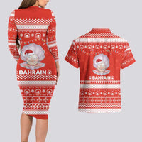 Bahrain Christmas Couples Matching Long Sleeve Bodycon Dress and Hawaiian Shirt with Pearl Shell Design Red Snowflake Pattern and Holiday Lights - Wonder Print Shop