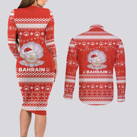 Bahrain Christmas Couples Matching Long Sleeve Bodycon Dress and Long Sleeve Button Shirt with Pearl Shell Design Red Snowflake Pattern and Holiday Lights - Wonder Print Shop