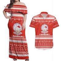 Bahrain Christmas Couples Matching Off Shoulder Maxi Dress and Hawaiian Shirt with Pearl Shell Design Red Snowflake Pattern and Holiday Lights - Wonder Print Shop