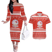 Bahrain Christmas Couples Matching Off The Shoulder Long Sleeve Dress and Hawaiian Shirt with Pearl Shell Design Red Snowflake Pattern and Holiday Lights - Wonder Print Shop