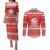 Bahrain Christmas Couples Matching Puletasi and Long Sleeve Button Shirt with Pearl Shell Design Red Snowflake Pattern and Holiday Lights - Wonder Print Shop