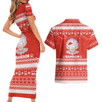 Bahrain Christmas Couples Matching Short Sleeve Bodycon Dress and Hawaiian Shirt with Pearl Shell Design Red Snowflake Pattern and Holiday Lights - Wonder Print Shop