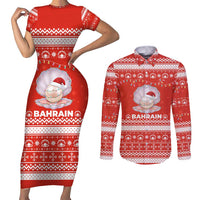 Bahrain Christmas Couples Matching Short Sleeve Bodycon Dress and Long Sleeve Button Shirt with Pearl Shell Design Red Snowflake Pattern and Holiday Lights - Wonder Print Shop