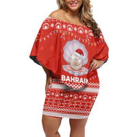 Bahrain Christmas Family Matching Off Shoulder Short Dress and Hawaiian Shirt with Pearl Shell Design Red Snowflake Pattern and Holiday Lights - Wonder Print Shop
