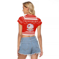 Bahrain Christmas Raglan Cropped T Shirt with Pearl Shell Design Red Snowflake Pattern and Holiday Lights - Wonder Print Shop
