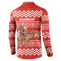 Bahrain Christmas Button Sweatshirt with Santa Riding Camel Red Geometric Pattern and Festive Design - Wonder Print Shop