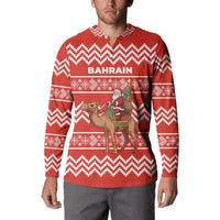 Bahrain Christmas Button Sweatshirt with Santa Riding Camel Red Geometric Pattern and Festive Design - Wonder Print Shop