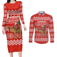 Bahrain Christmas Couples Matching Long Sleeve Bodycon Dress and Long Sleeve Button Shirt with Santa Riding Camel Red Geometric Pattern and Festive Design - Wonder Print Shop