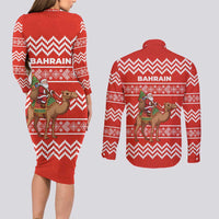 Bahrain Christmas Couples Matching Long Sleeve Bodycon Dress and Long Sleeve Button Shirt with Santa Riding Camel Red Geometric Pattern and Festive Design - Wonder Print Shop