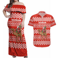 Bahrain Christmas Couples Matching Off Shoulder Maxi Dress and Hawaiian Shirt with Santa Riding Camel Red Geometric Pattern and Festive Design - Wonder Print Shop
