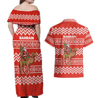 Bahrain Christmas Couples Matching Off Shoulder Maxi Dress and Hawaiian Shirt with Santa Riding Camel Red Geometric Pattern and Festive Design - Wonder Print Shop