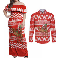Bahrain Christmas Couples Matching Off Shoulder Maxi Dress and Long Sleeve Button Shirt with Santa Riding Camel Red Geometric Pattern and Festive Design - Wonder Print Shop