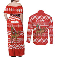 Bahrain Christmas Couples Matching Off Shoulder Maxi Dress and Long Sleeve Button Shirt with Santa Riding Camel Red Geometric Pattern and Festive Design - Wonder Print Shop