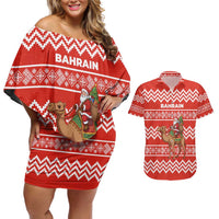 Bahrain Christmas Couples Matching Off Shoulder Short Dress and Hawaiian Shirt with Santa Riding Camel Red Geometric Pattern and Festive Design - Wonder Print Shop