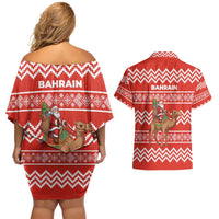 Bahrain Christmas Couples Matching Off Shoulder Short Dress and Hawaiian Shirt with Santa Riding Camel Red Geometric Pattern and Festive Design - Wonder Print Shop