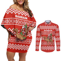 Bahrain Christmas Couples Matching Off Shoulder Short Dress and Long Sleeve Button Shirt with Santa Riding Camel Red Geometric Pattern and Festive Design - Wonder Print Shop