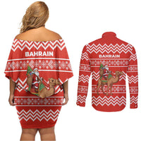 Bahrain Christmas Couples Matching Off Shoulder Short Dress and Long Sleeve Button Shirt with Santa Riding Camel Red Geometric Pattern and Festive Design - Wonder Print Shop