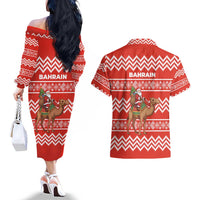 Bahrain Christmas Couples Matching Off The Shoulder Long Sleeve Dress and Hawaiian Shirt with Santa Riding Camel Red Geometric Pattern and Festive Design - Wonder Print Shop