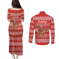 Bahrain Christmas Couples Matching Puletasi and Long Sleeve Button Shirt with Santa Riding Camel Red Geometric Pattern and Festive Design - Wonder Print Shop