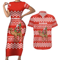 Bahrain Christmas Couples Matching Short Sleeve Bodycon Dress and Hawaiian Shirt with Santa Riding Camel Red Geometric Pattern and Festive Design - Wonder Print Shop